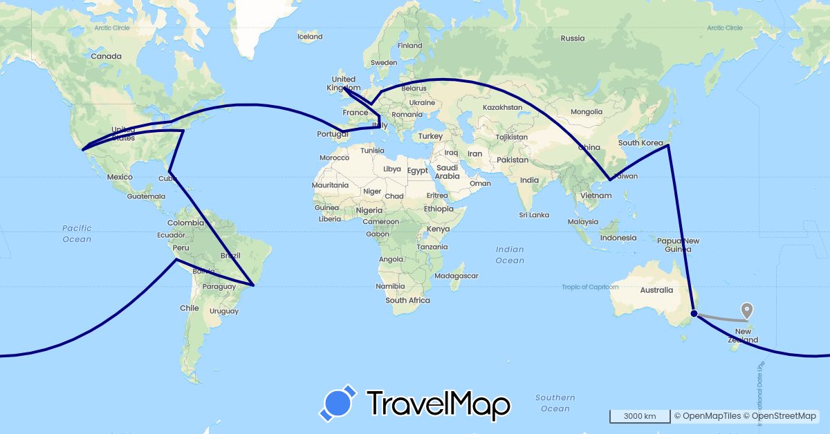 TravelMap itinerary: driving, plane in Australia, Brazil, Canada, China, Germany, Spain, United Kingdom, Italy, Japan, New Zealand, Peru, United States (Asia, Europe, North America, Oceania, South America)